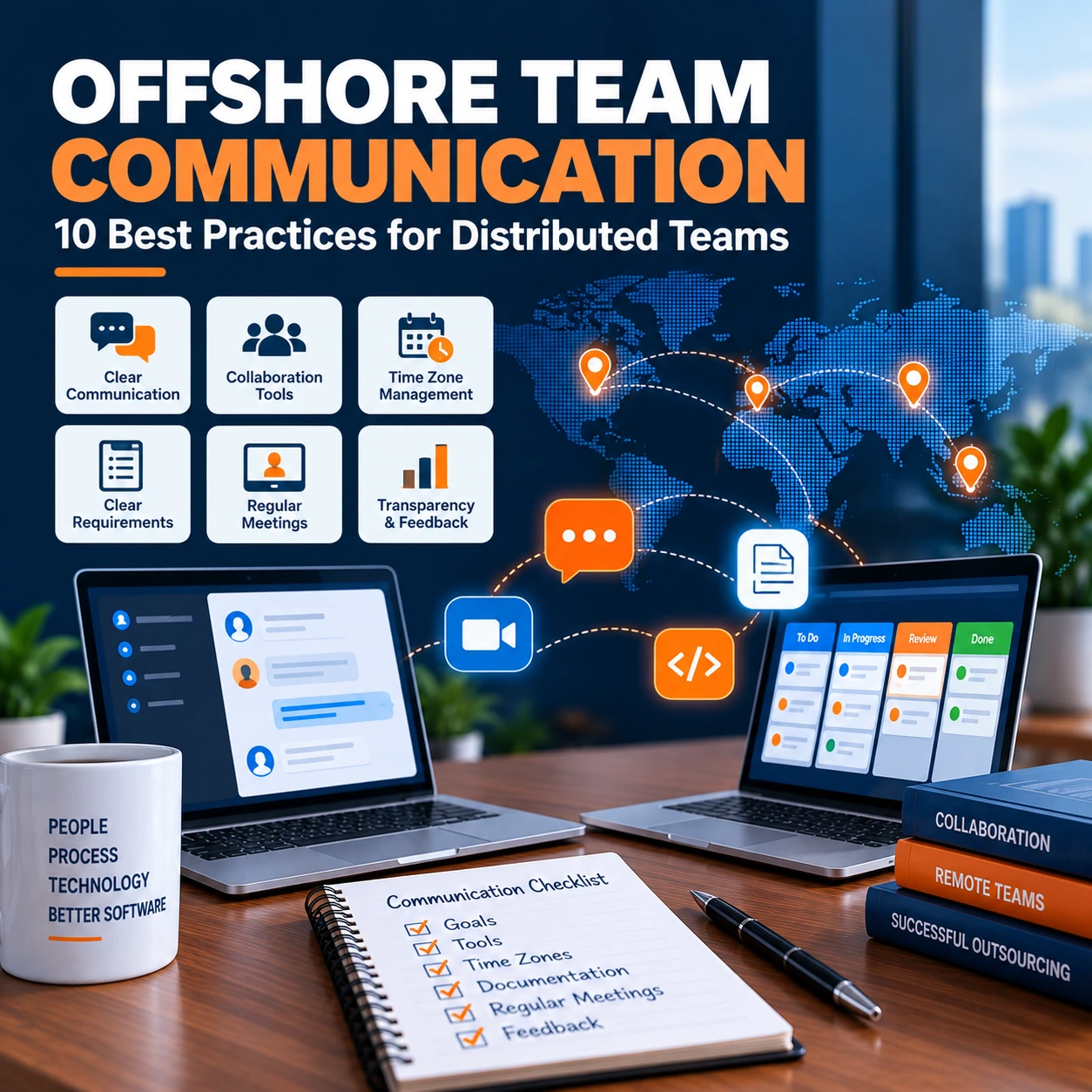 Offshore team communication best practices for distributed software development teams, including collaboration tools, time zone management, and Agile workflows.