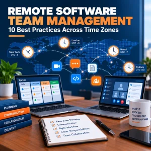 Remote software team management best practices for offshore development teams, featuring time zone coordination, Agile workflows, and global collaboration.