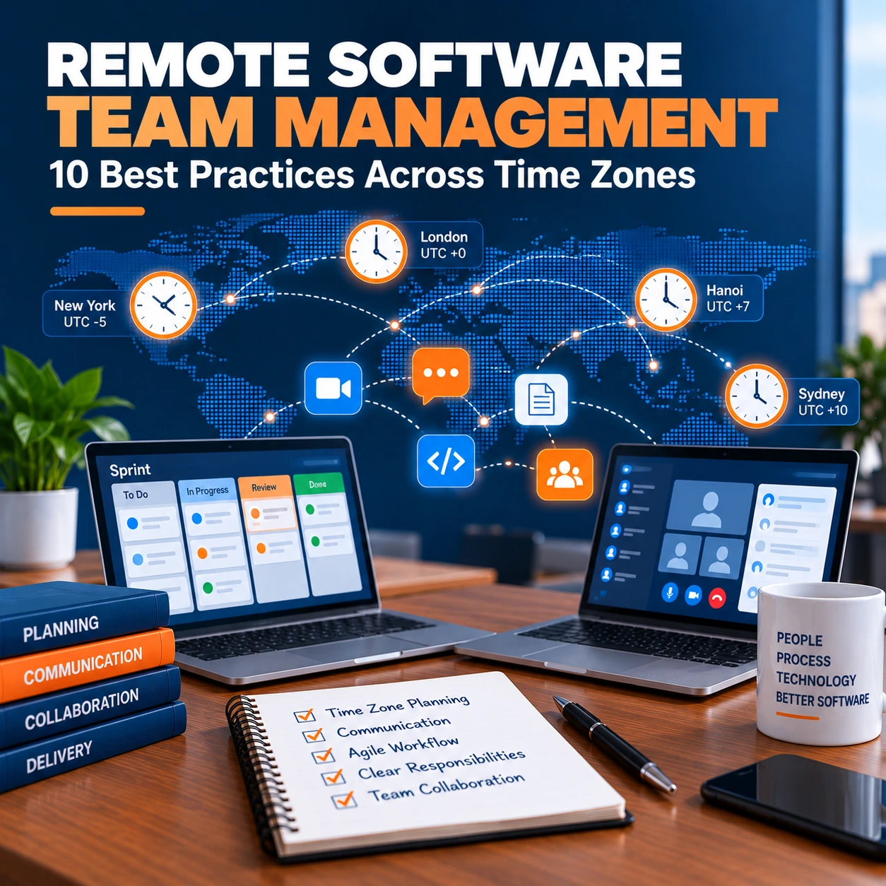 Remote software team management best practices for offshore development teams, featuring time zone coordination, Agile workflows, and global collaboration.